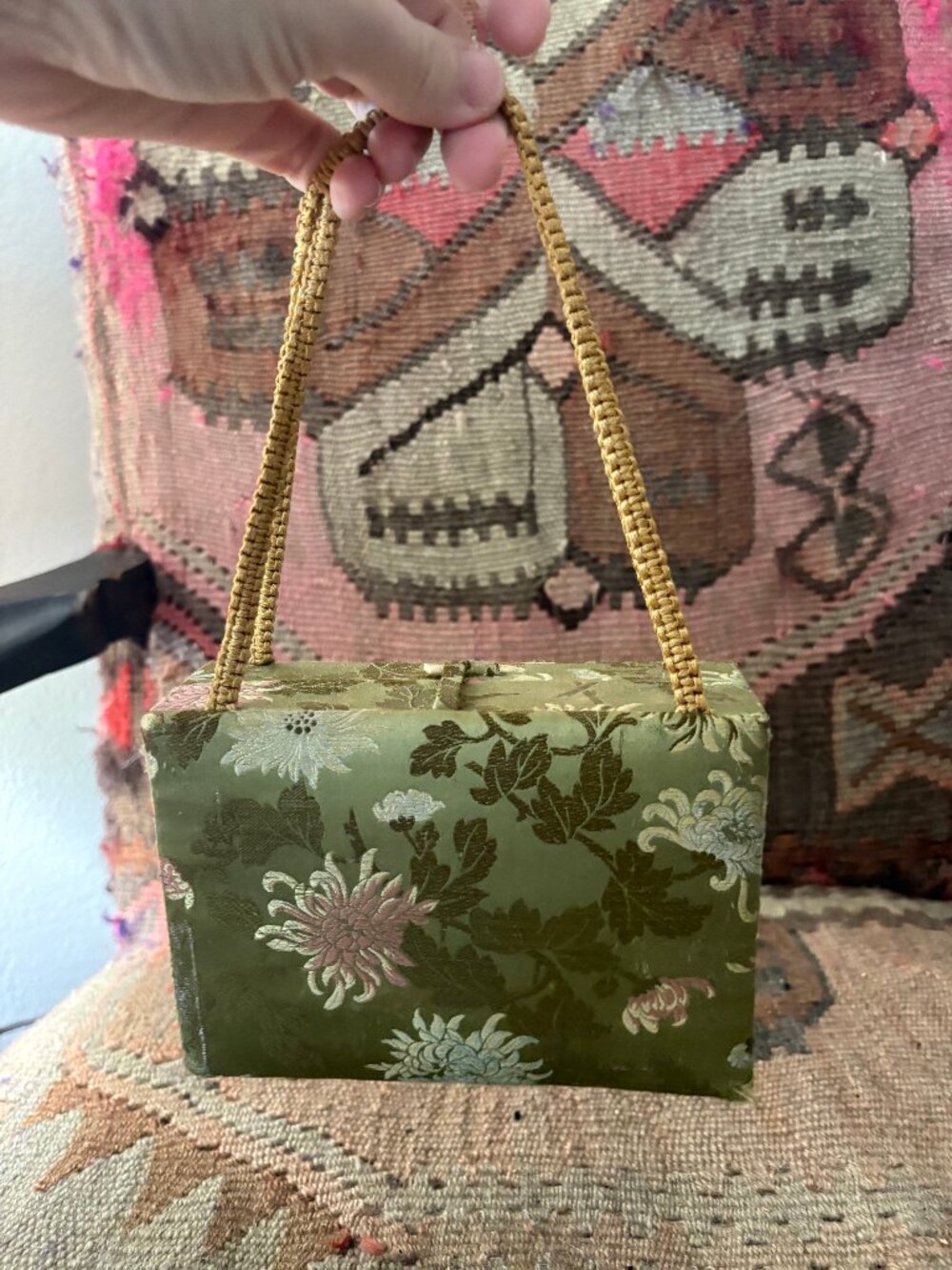 Vintage Green Floral Brocade Box Purse Handbag w Mirror - Picture 7 of 7